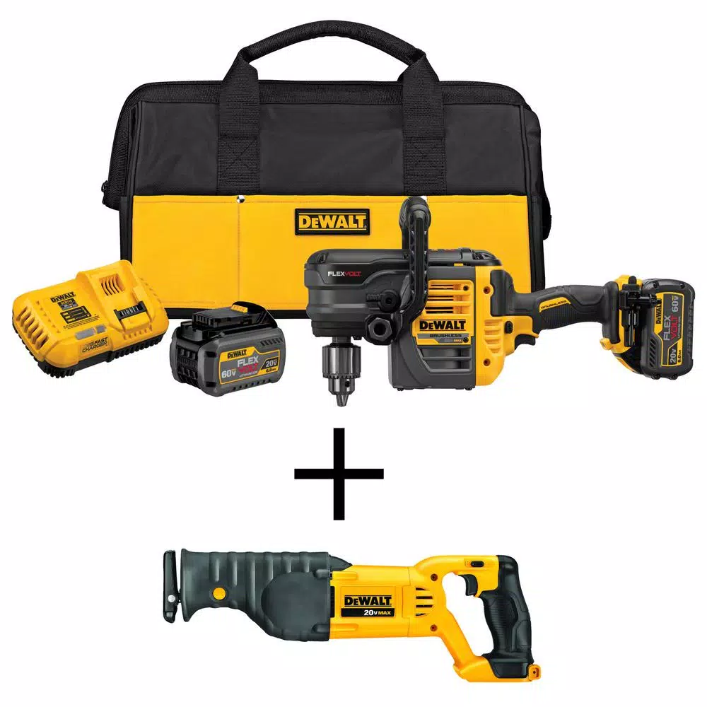 DEWALT FLEXVOLT 60V MAX Brushless Stud & Joist Drill with (2) 6.0Ah Batteries & DCS380B Reciprocating Saw Combo Kit
