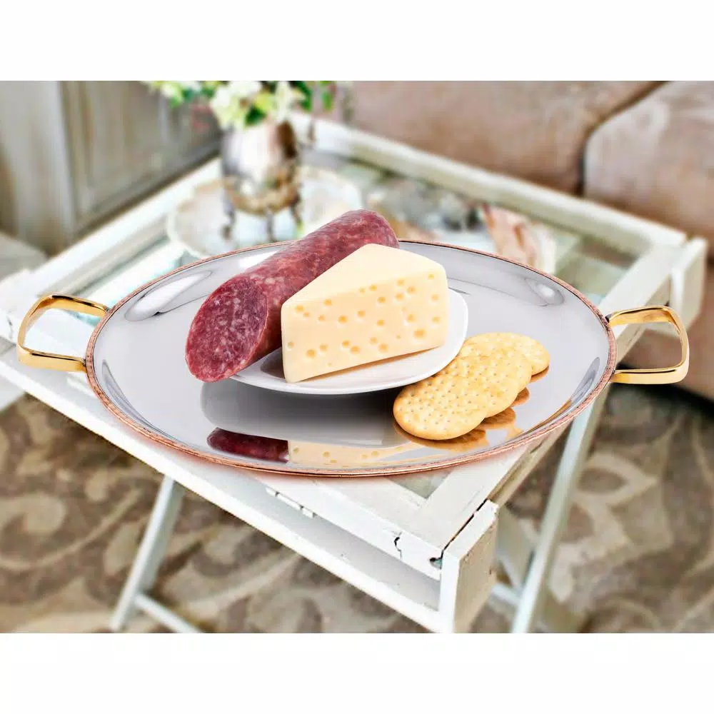 Old Dutch 11 in. 2-Ply Copper and Stainless Steel Embossed Round Serving Tray with Brass Handles