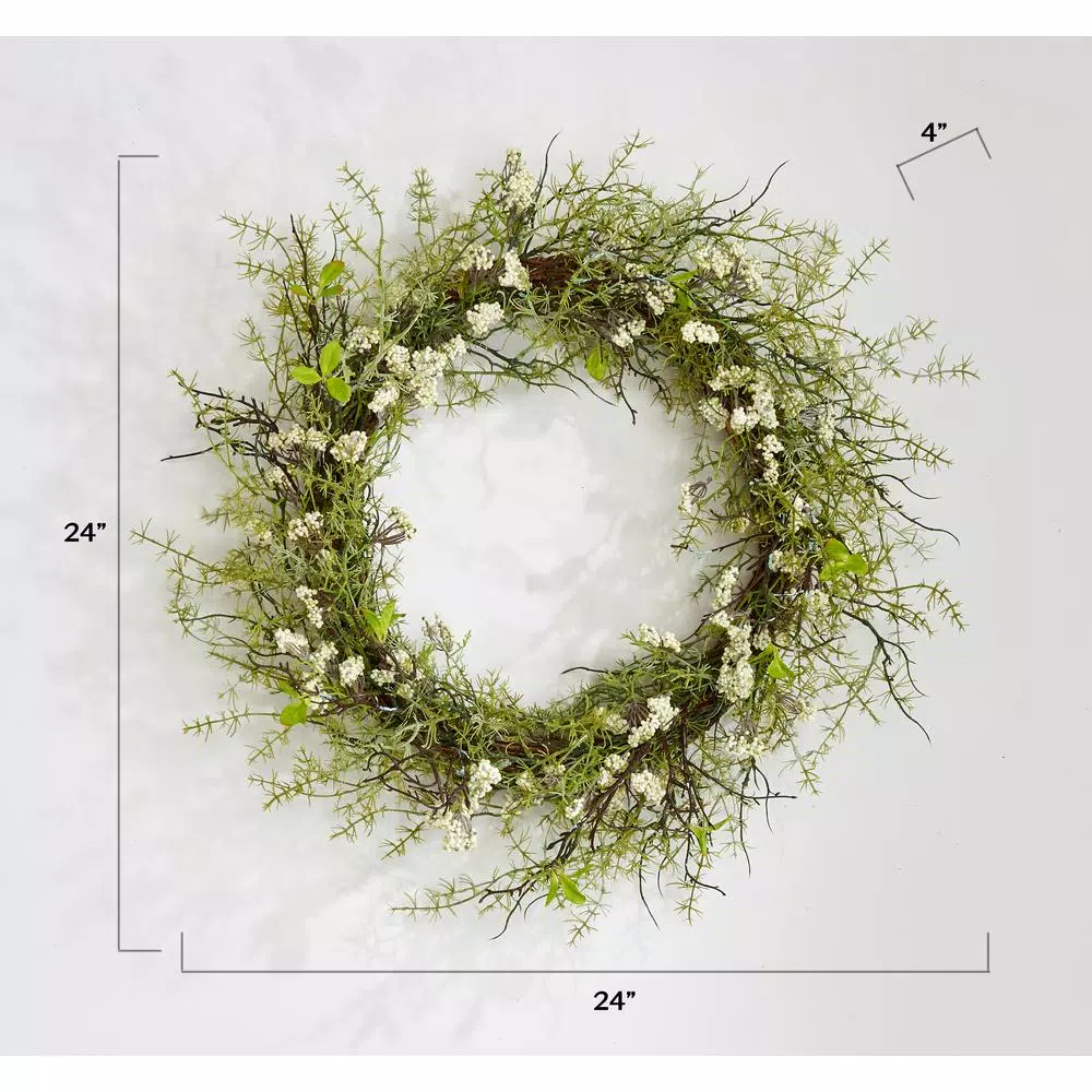 Unbranded 20 in. White Heather and Green Leaves Silk Wreath with White Berries