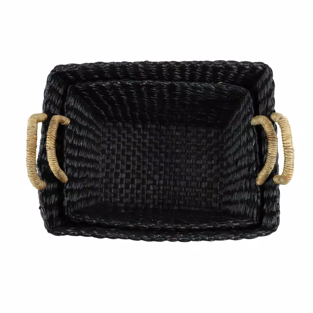 LITTON LANE Large Black Water Hyacinth Wicker Baskets with Banana Leaf Handles, Set of 2