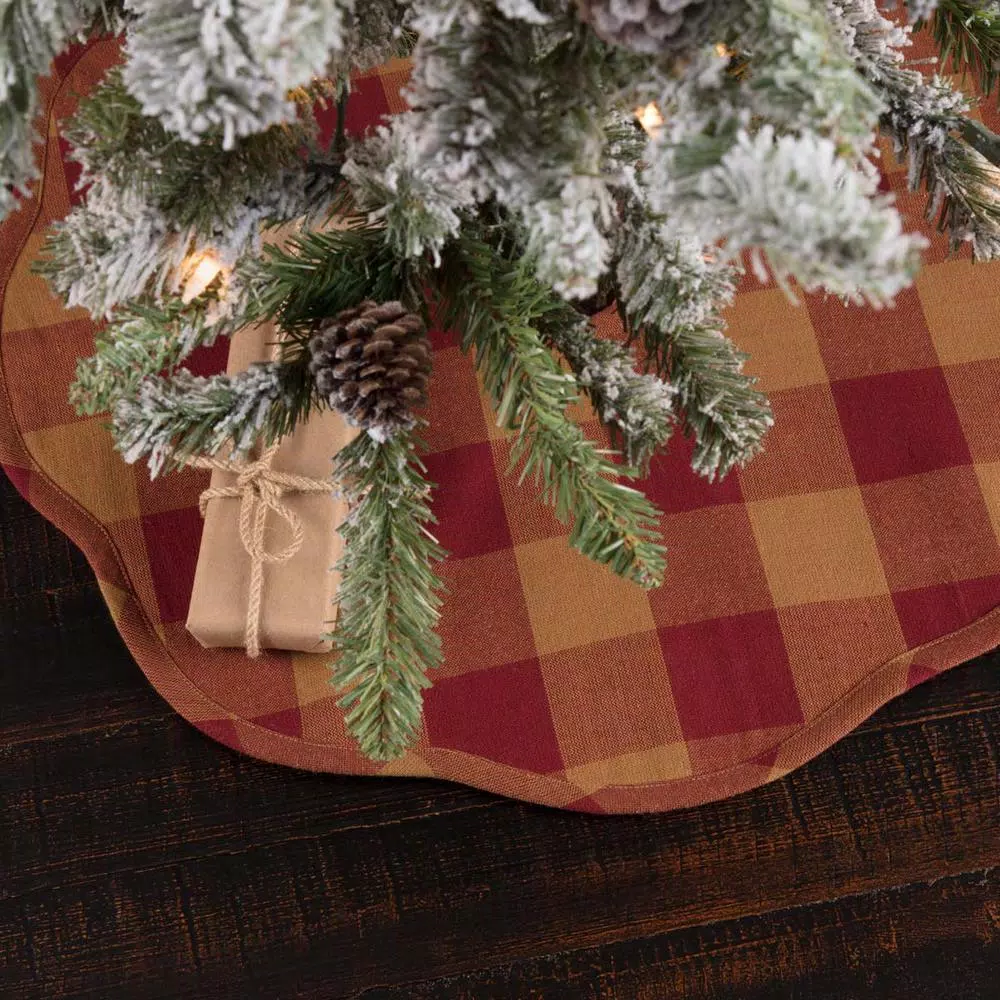 VHC Brands 21 in. Burgundy Check Red Primitive Christmas Tree Skirt with Scalloped Edge