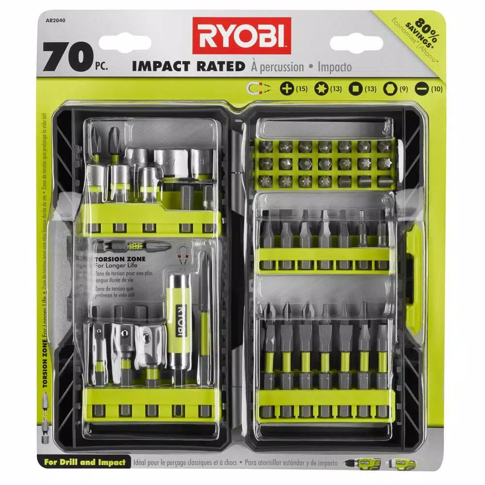RYOBI 70-Piece Impact Rated Driving Bit Set with Bonus 25 ft. Tape Measure