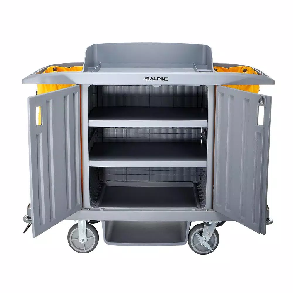 Alpine Industries 3-Shelf PVC Janitorial Cleaning Cart with 2 Yellow Vinyl Bags