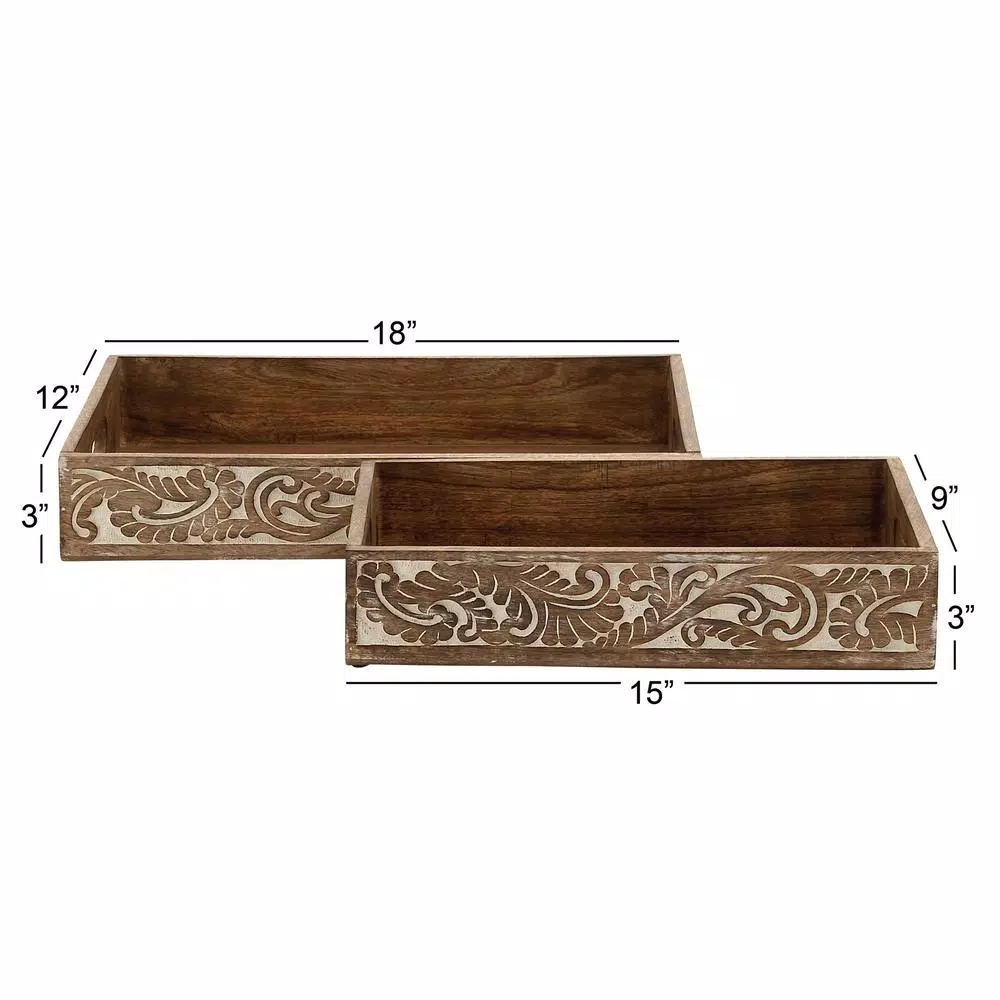 LITTON LANE Walnut Brown Vine and Leaf Decorative Wooden Trays, Set of 2
