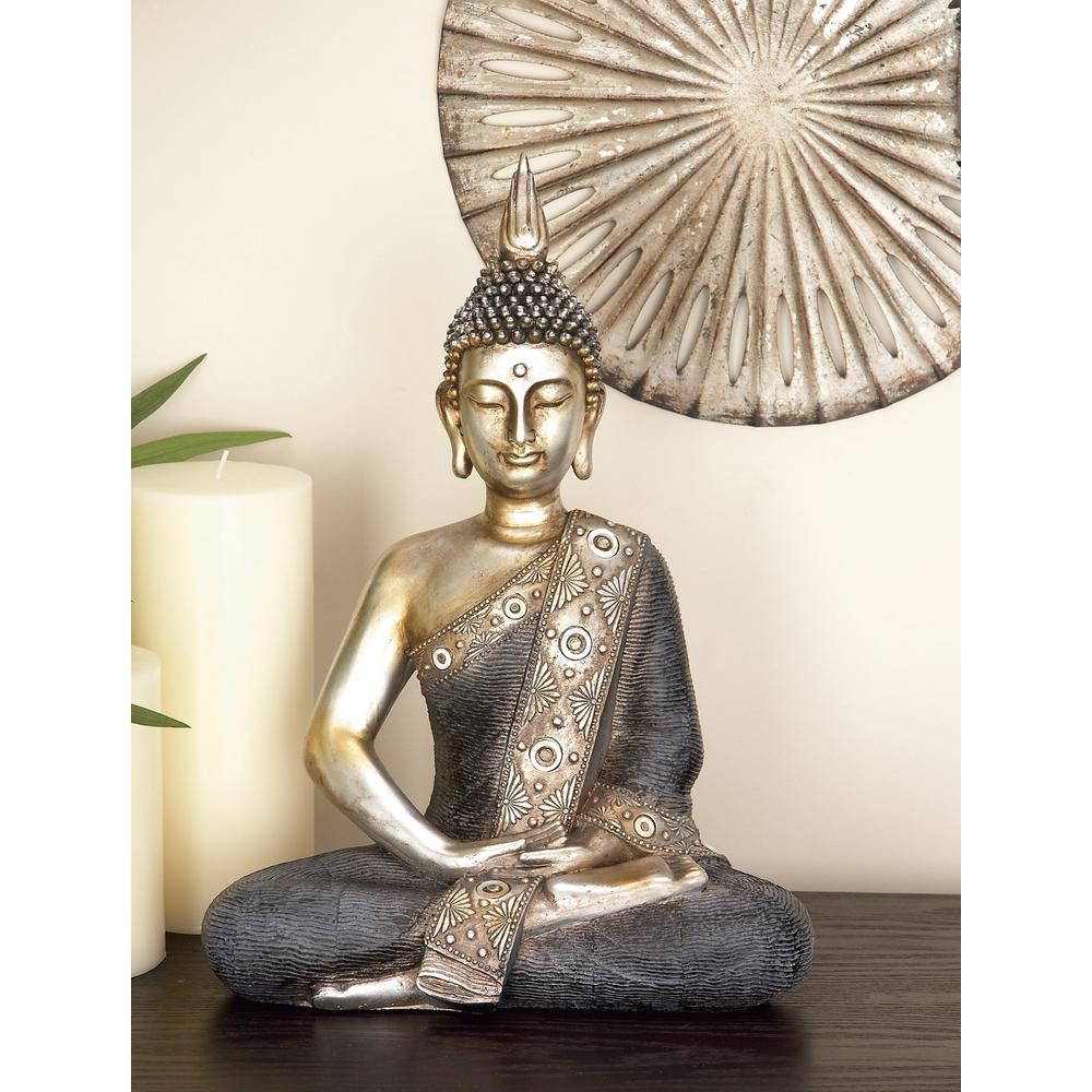 LITTON LANE 16 in. x 12 in. Decorative Sitting Buddha Sculpture, Tarnished Brass Finish Polystone Statuary