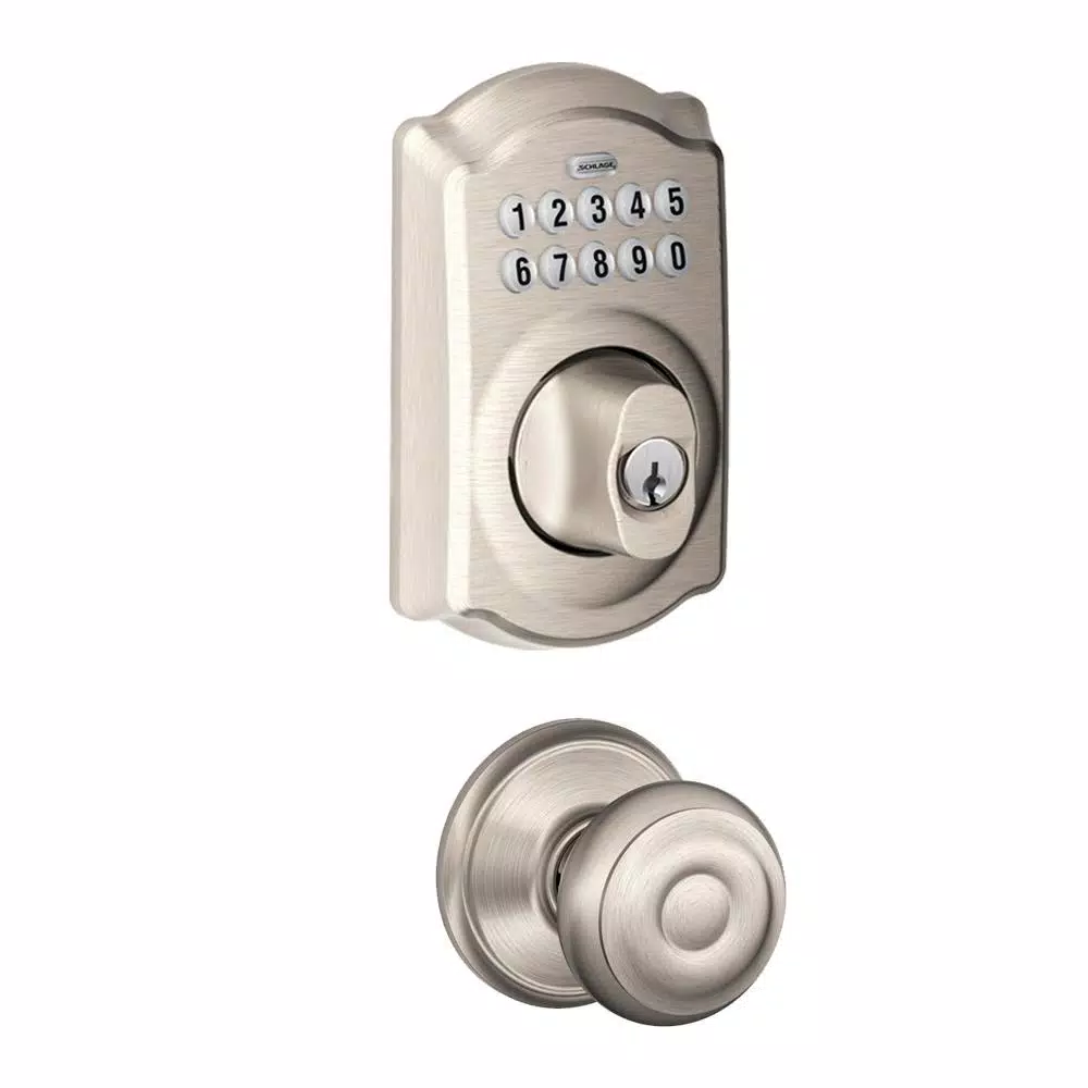 Schlage Camelot Satin Nickel Keypad Electronic Deadbolt and Georgian Knob Set