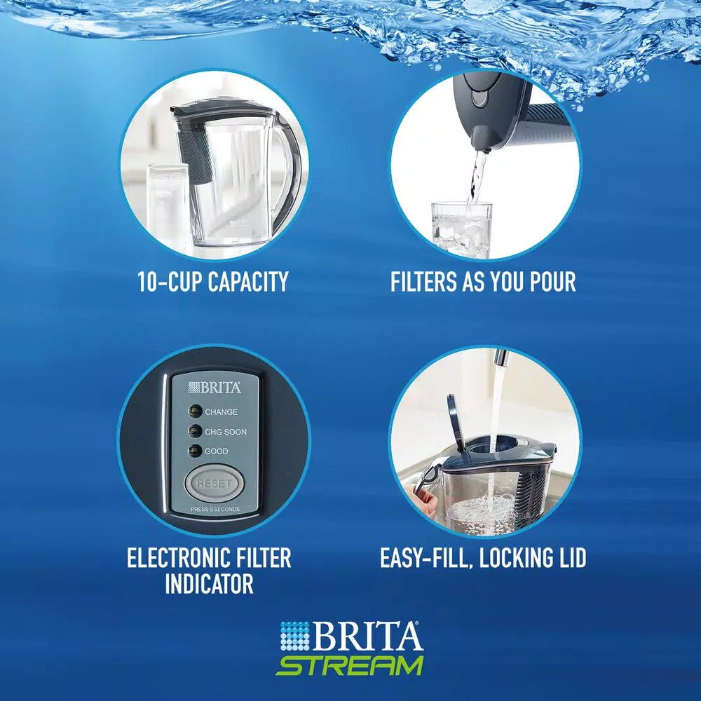 Brita Stream 10-Cup Filter-As-You-Pour Water Filter Pitcher, Carbon Gray, BPA-Free