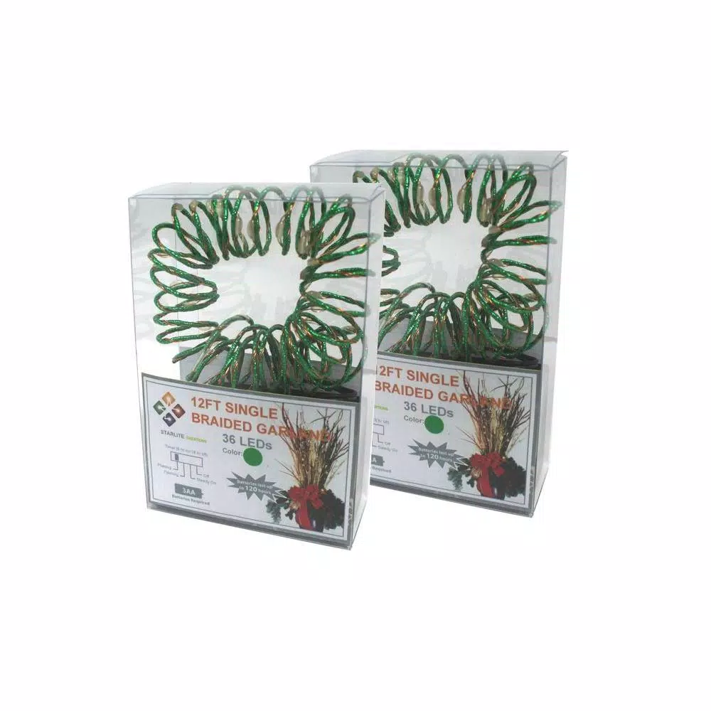 Starlite Creations 12 ft. Pre-Lit LED Green Single Braided Garland, Battery Operated (Bundle of 2)