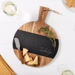 Cathy's Concepts Indulge Round Acacia Wood and Natural Slate Serving Board with Cheese Knife thumbnail 2