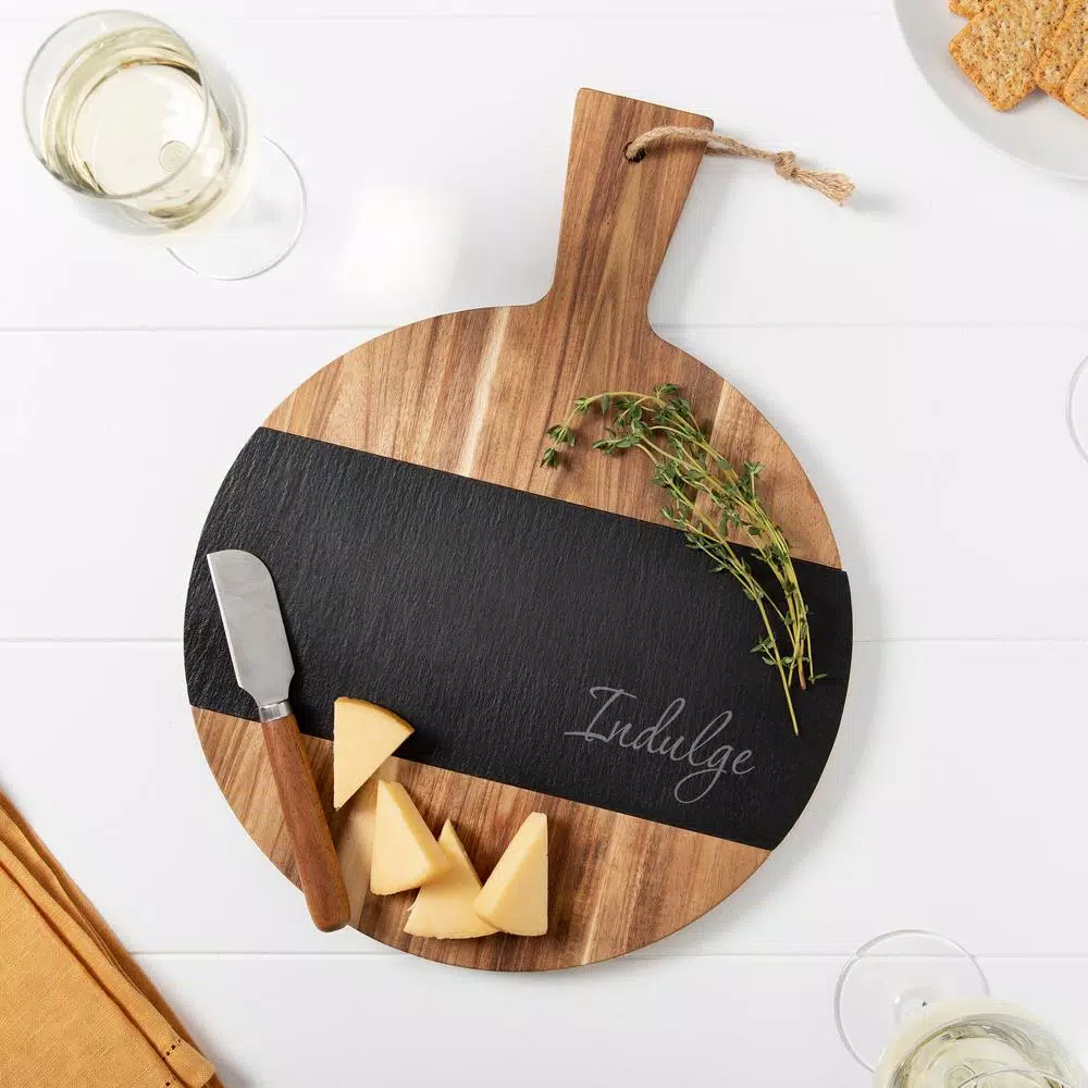 Cathy's Concepts Indulge Round Acacia Wood and Natural Slate Serving Board with Cheese Knife