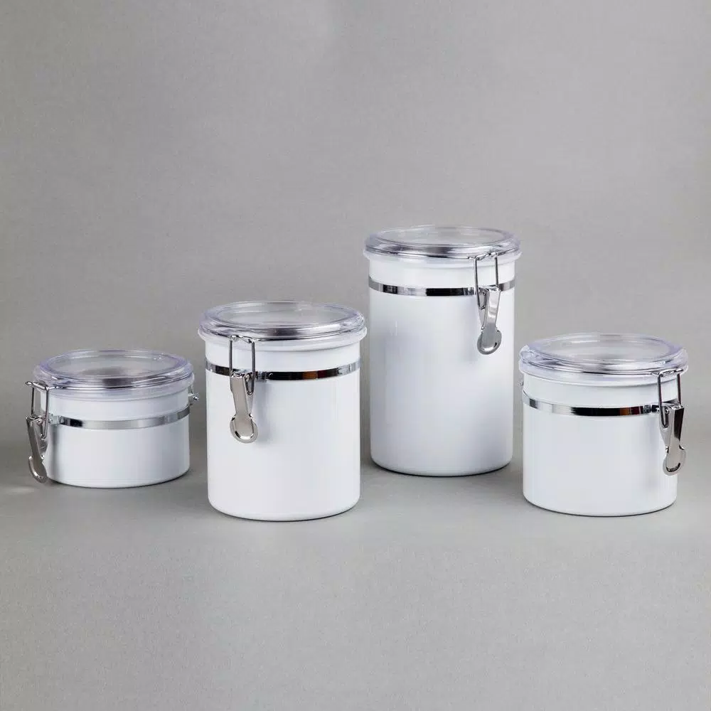 Creative Home 4-Piece White Stainless Steel Canister Set with Airtight Locking Clamp Lids