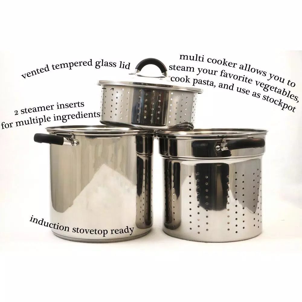 ExcelSteel 8 Qt. Stainless Steel Multi-Cooker Stock Pot Set with Steamer Insert and Silicone Handles