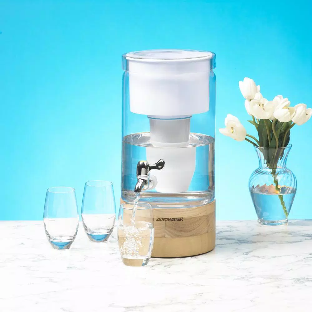 Zero Water ZeroWater 30 Cup Glass Water Filter Pitcher Dispenser with Wooden Base and Ready-Pour Technology