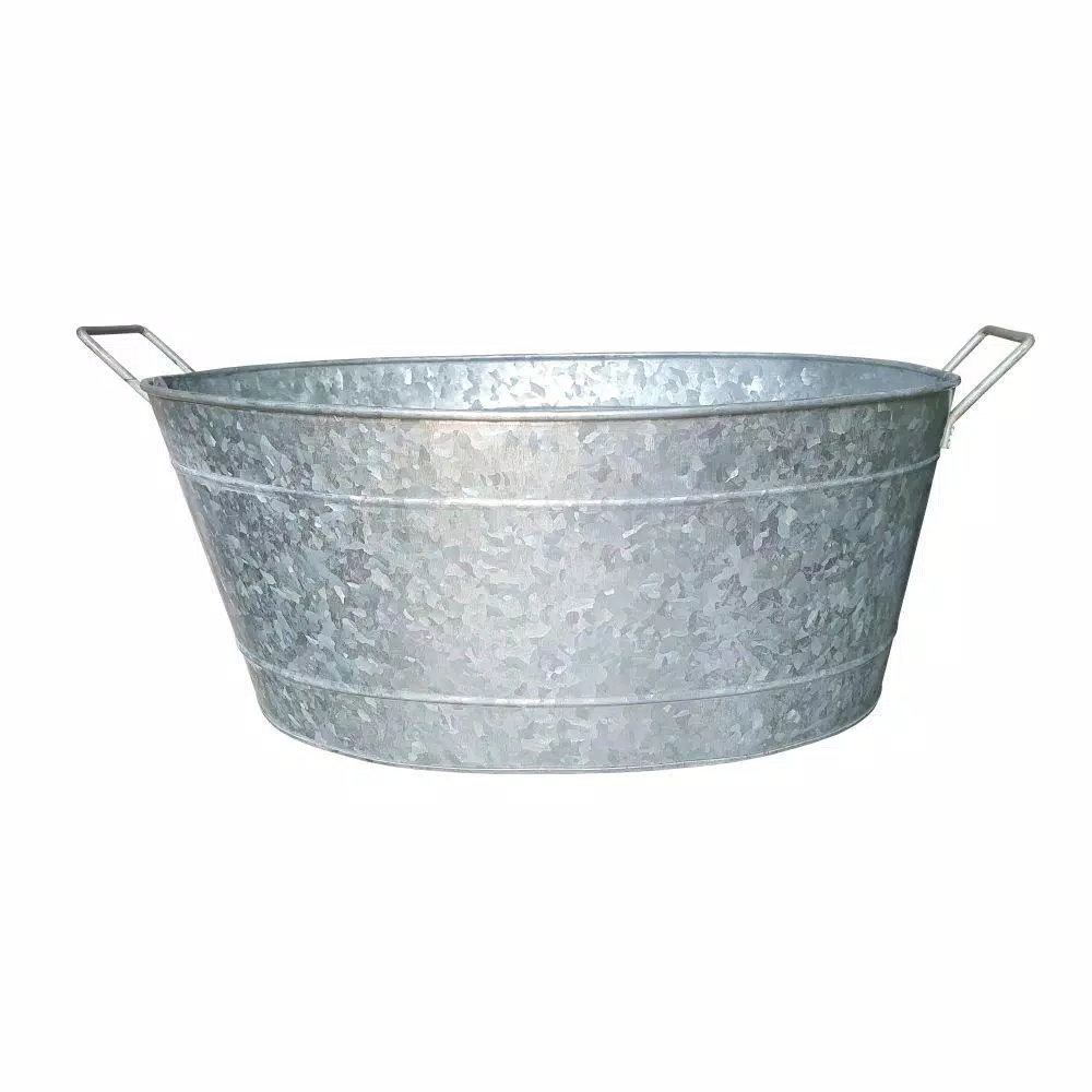 Benjara 1.1 Gal. Oval Galvanized Steel Embossed Tub with Side Handles, Silver