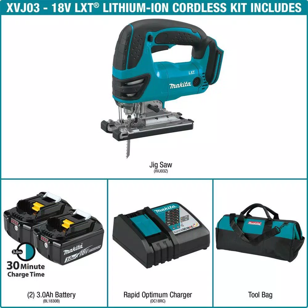 Makita 18V LXT Cordless Jig Saw Kit with 2 Batteries and Rapid Optimum Charger