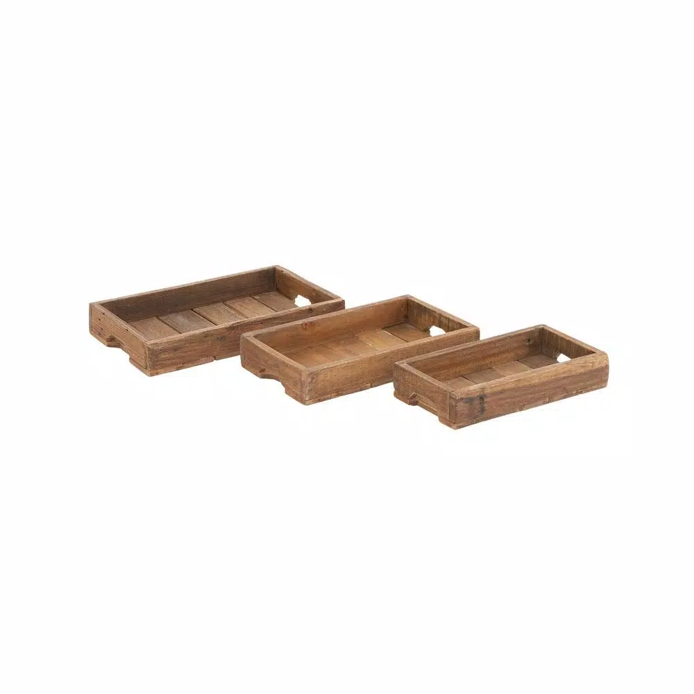 LITTON LANE Farmhouse Brown Decorative Wooden Slat Trays, Set of 3
