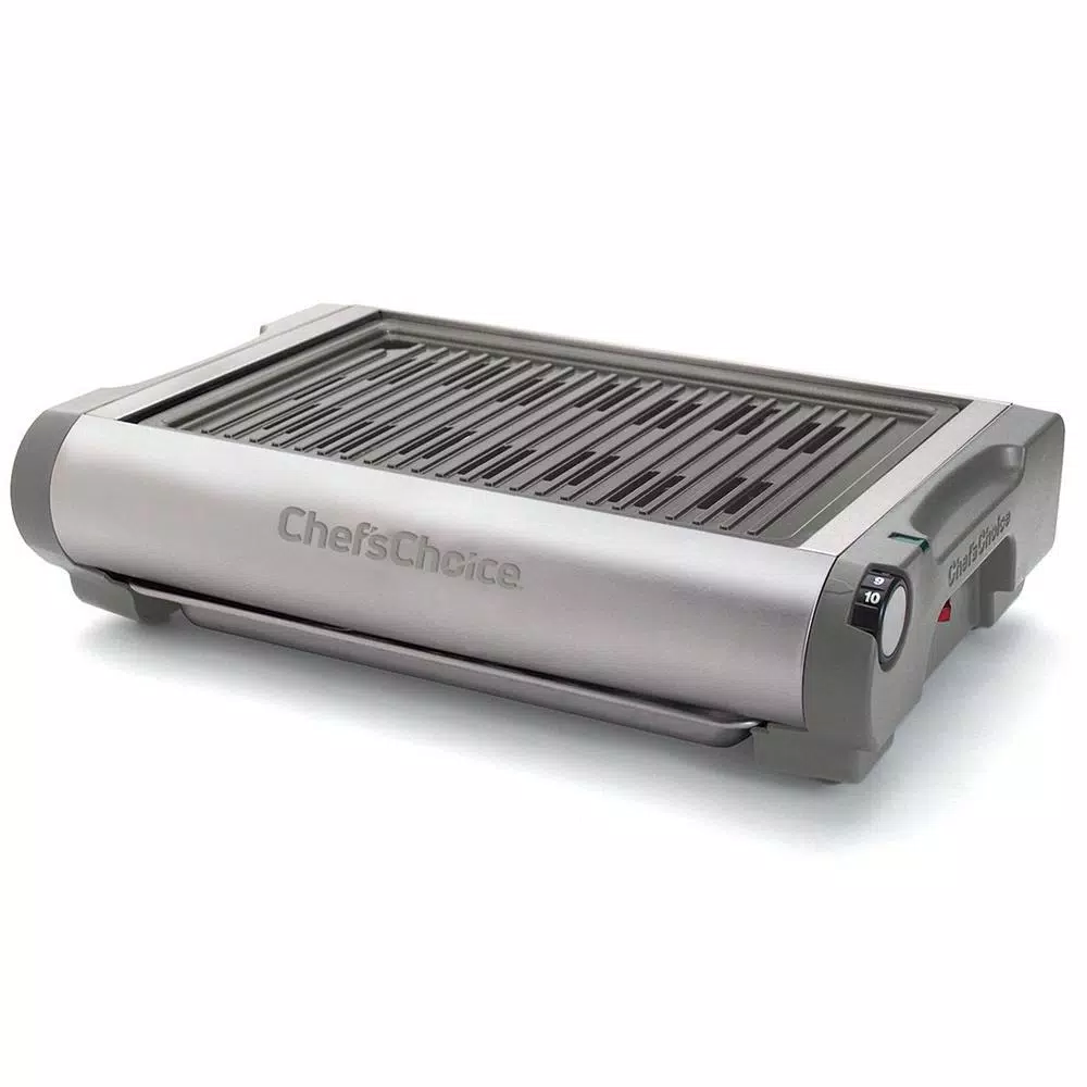Chef'sChoice 1500W Indoor Electric Countertop Grill with Removable Nonstick Cast Aluminum Plate and Drip Tray, Silver