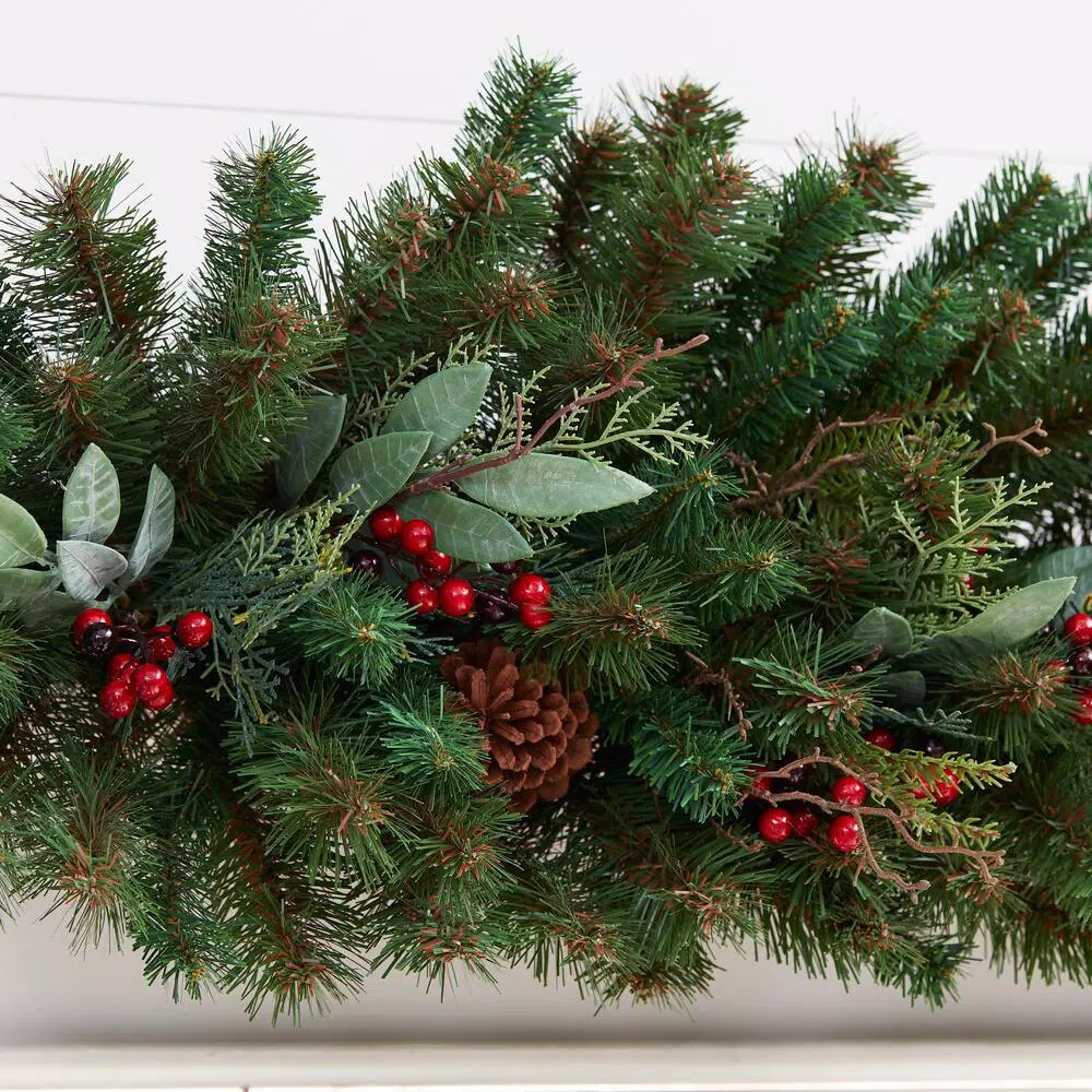 Home Accents Holiday Woodmoore 17 ft. Artificial Christmas Garland with Poinsettias, Berries, and Pinecones