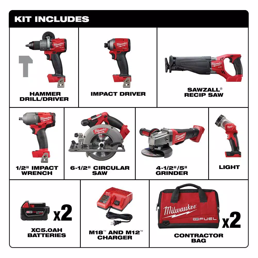 Milwaukee M18 FUEL 18V Lithium-Ion Brushless Cordless 7-Tool Combo Kit with (2) 5.0 Ah Batteries & Charger