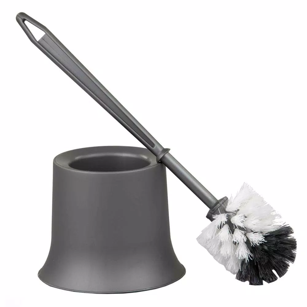 Unbranded Gray Plastic Toilet Brush with Holder, Tapered Nylon Bristles, Compact Design
