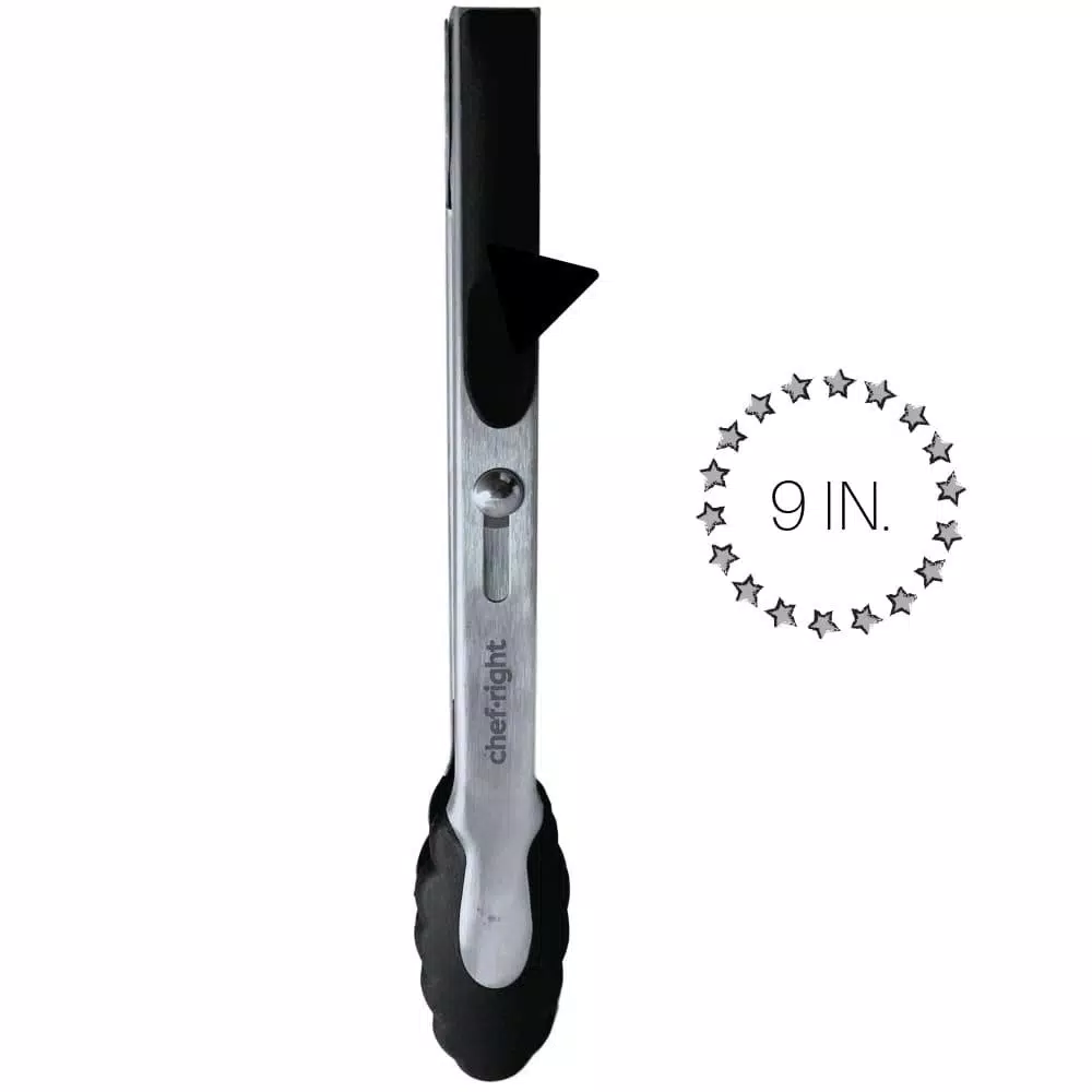 Chefright 9 in. Brushed Stainless Steel Magnetic Locking Tongs with Soft Rubber Grips (Set of 3)