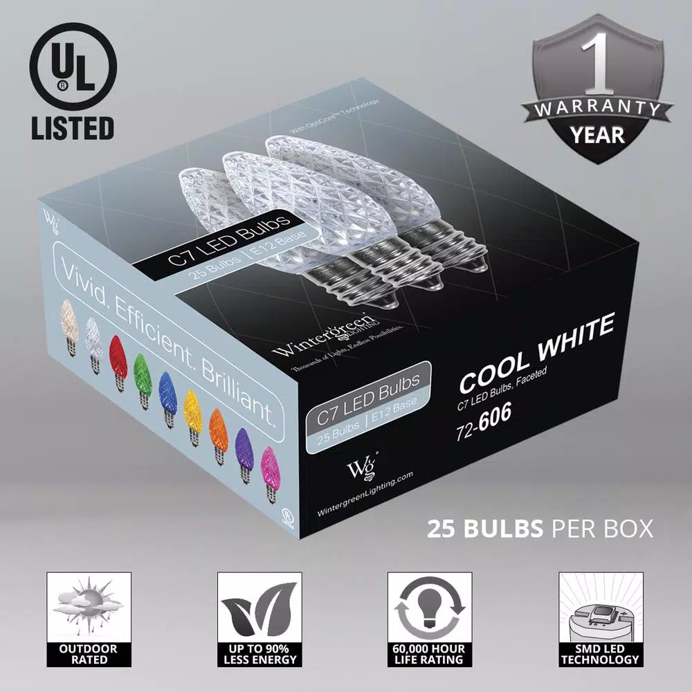 Wintergreen Lighting OptiCore C7 LED Cool White Faceted Christmas Light Bulbs, 25-Pack