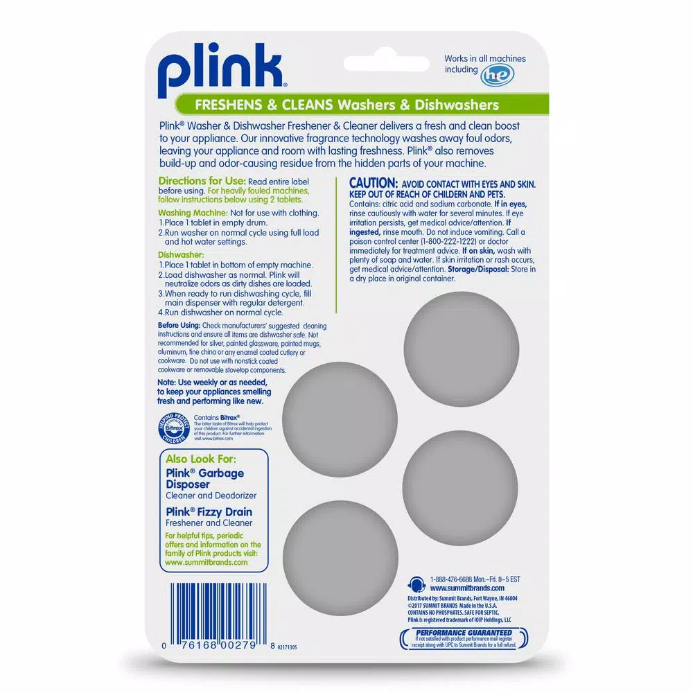 Plink Washer and Dishwasher Freshener and Cleaner Tablets, Fresh Lemon, 12-Pack