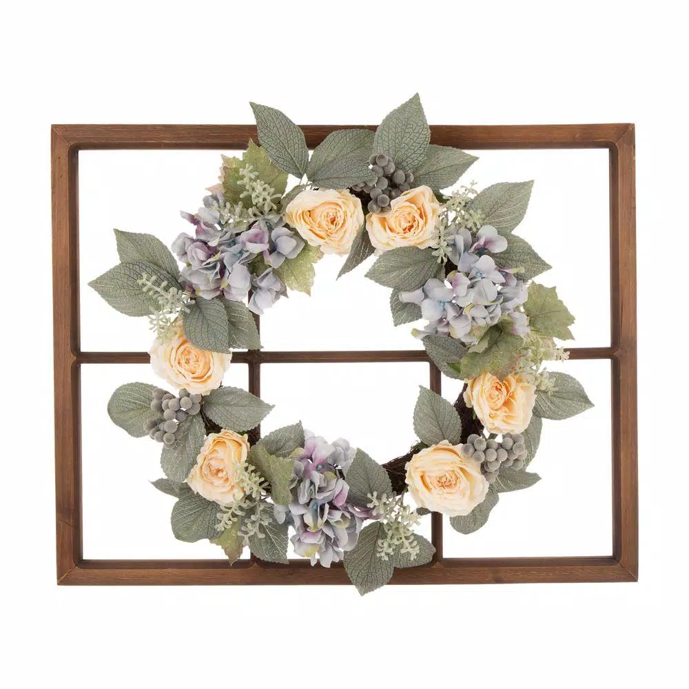 Glitzhome 22 in. Hydrangea Rose Wreath with 28 in. Wooden Window Frame Decor