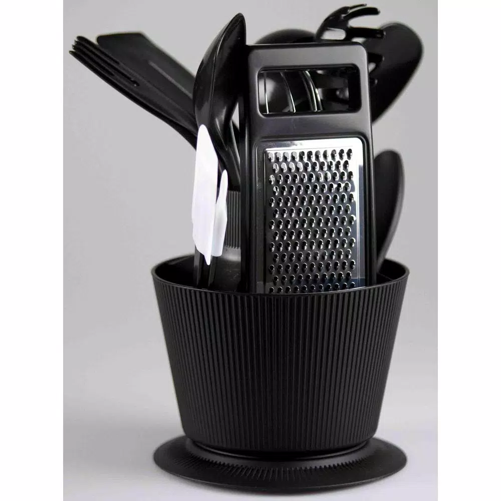 Home Basics 14-Piece Kitchen Tool Set with Revolving Storage Crock, Black