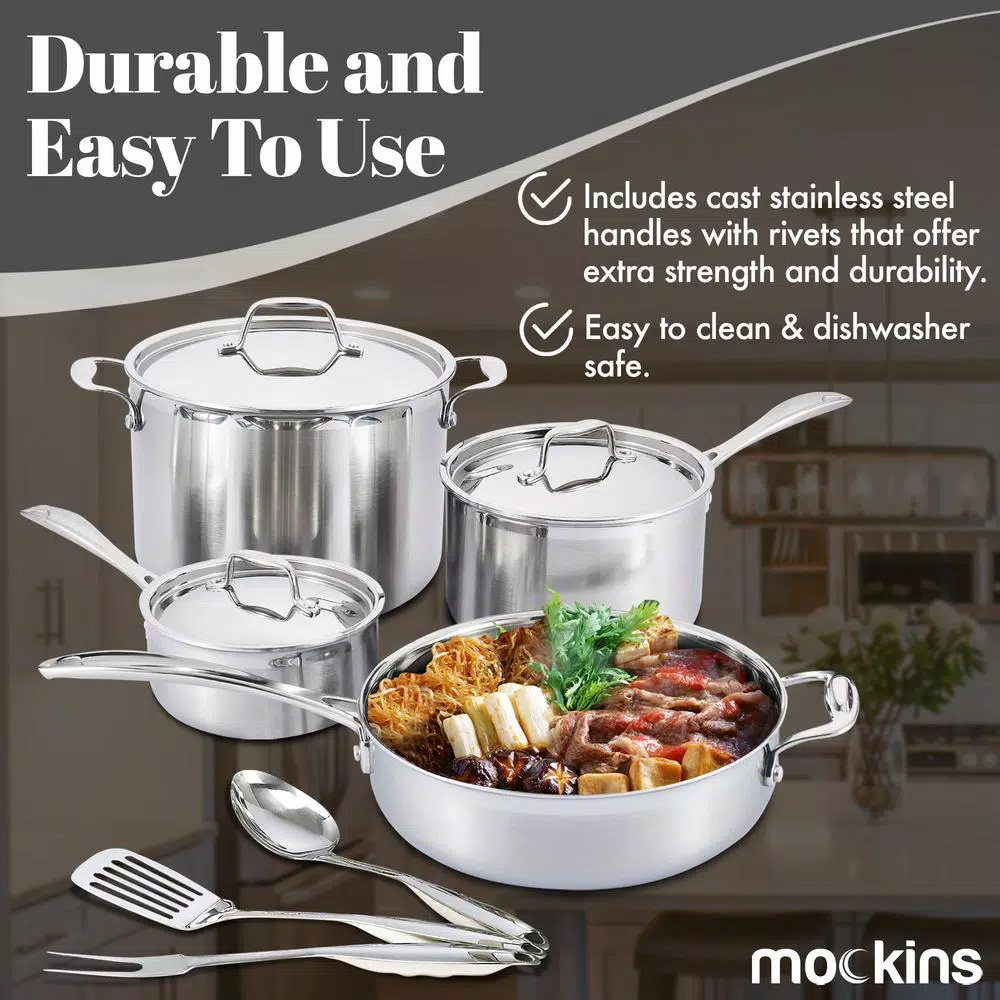 Mockins 10-Piece Tri-Ply Stainless Steel Cookware Set with Lids and Utensils