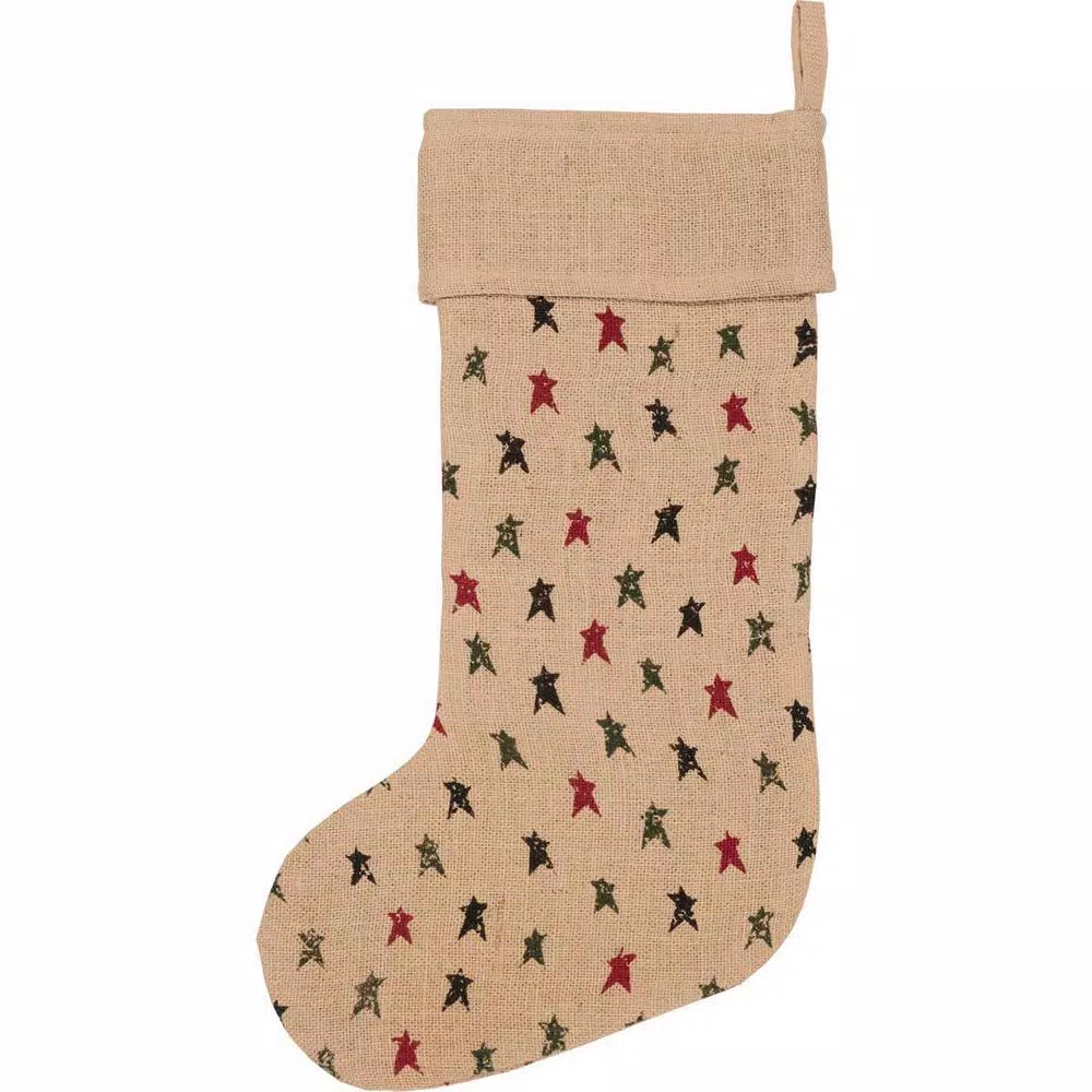 VHC Brands 20 in. Jute Primitive Star Christmas Stocking - Natural Tan Farmhouse Decor