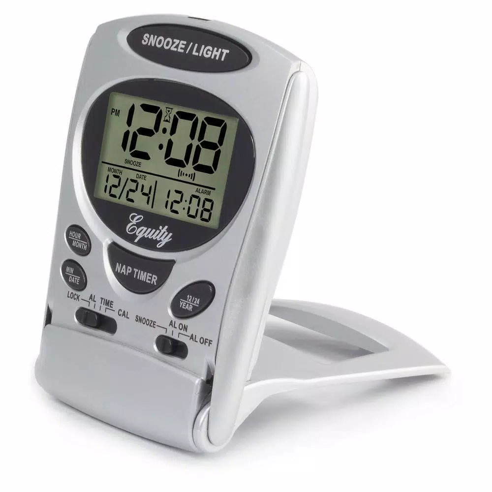 Equity by La Crosse Fold-Up Digital 2.70 in. LCD Travel Alarm Clock with Nap Timer and Backlight, Silver