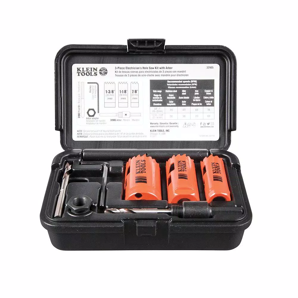 Klein Tools Bi-Metal Electrician's Hole Saw Kit with Arbor and Adapter, 3-Piece Set