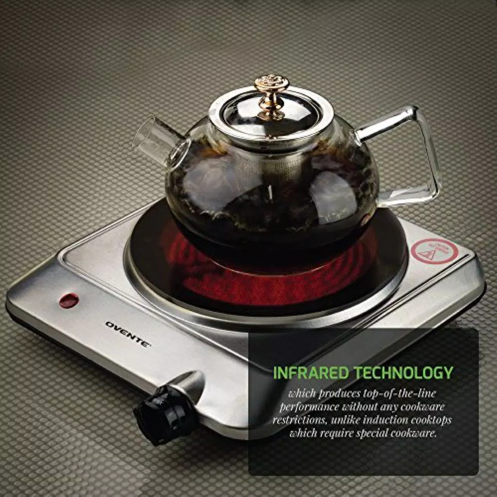Ovente 1000W Electric Infrared Single Burner Cooktop, Silver Ceramic Glass Hot Plate