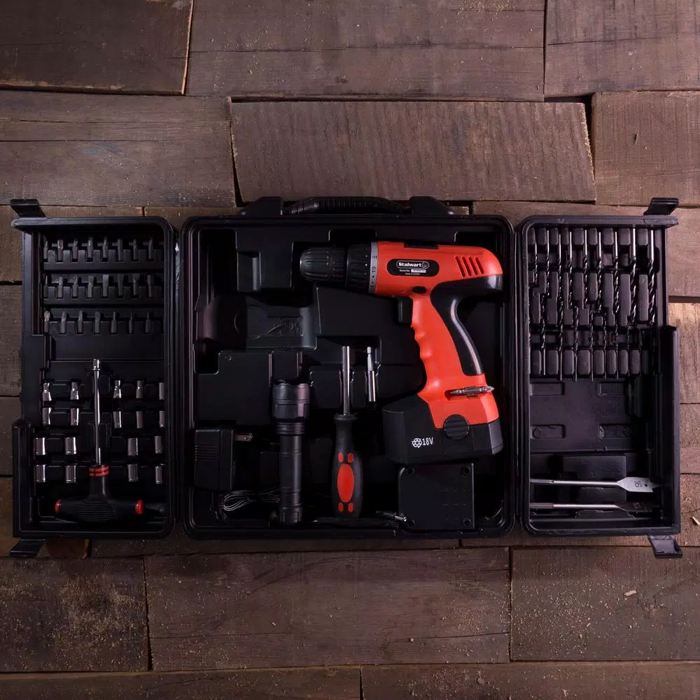 Stalwart 18V Cordless 3/8 in. Drill/Driver Set with 78-Piece Accessory Kit and Carrying Case