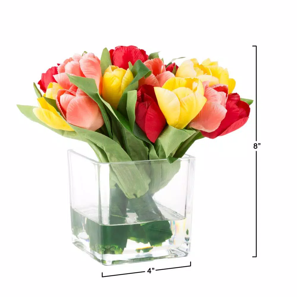 Pure Garden 8 in. Multicolor Tulip Artificial Floral Arrangement in Glass Vase