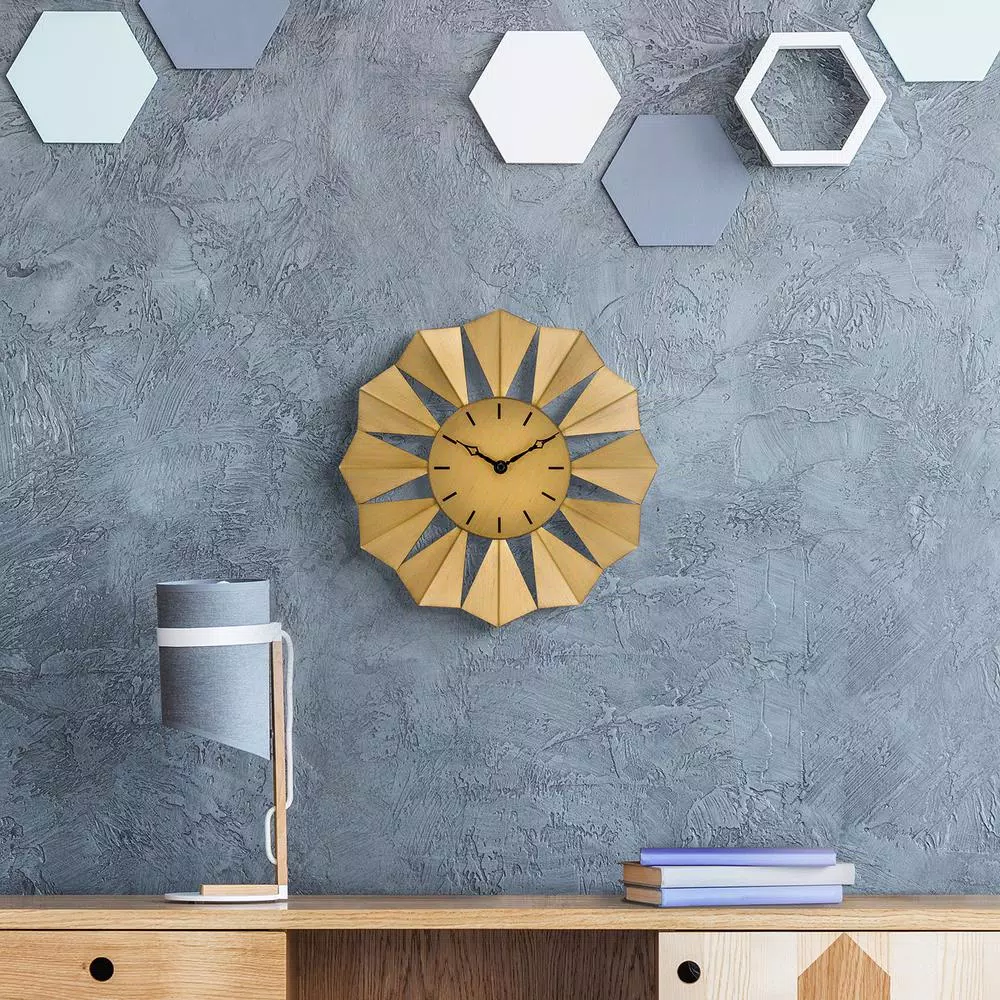 La Crosse Technology 12.8 in. Gold Metal Sunray Quartz Wall Clock - Mid-Century Sunburst Design