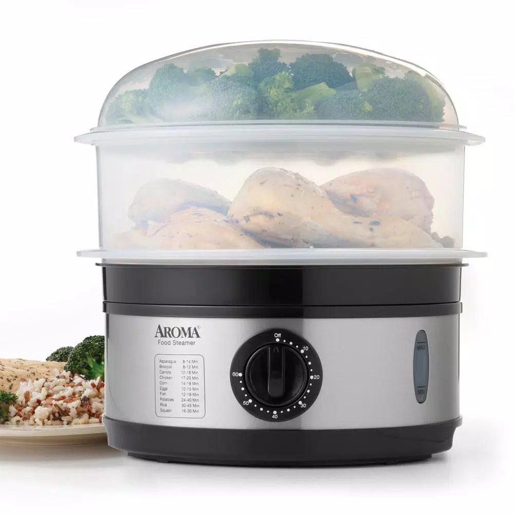 AROMA 20-Cup Stainless Steel Food Steamer, 5-Quart Double Tier Capacity