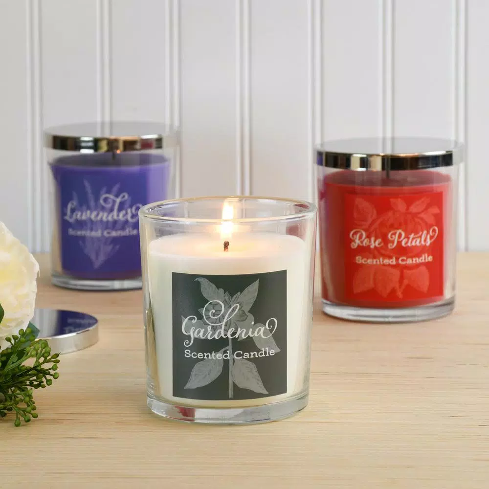 LUMABASE Floral Collection Scented Candles Set of 3 - Gardenia, Rose Petals, and Lavender - 10 oz Glass Jars