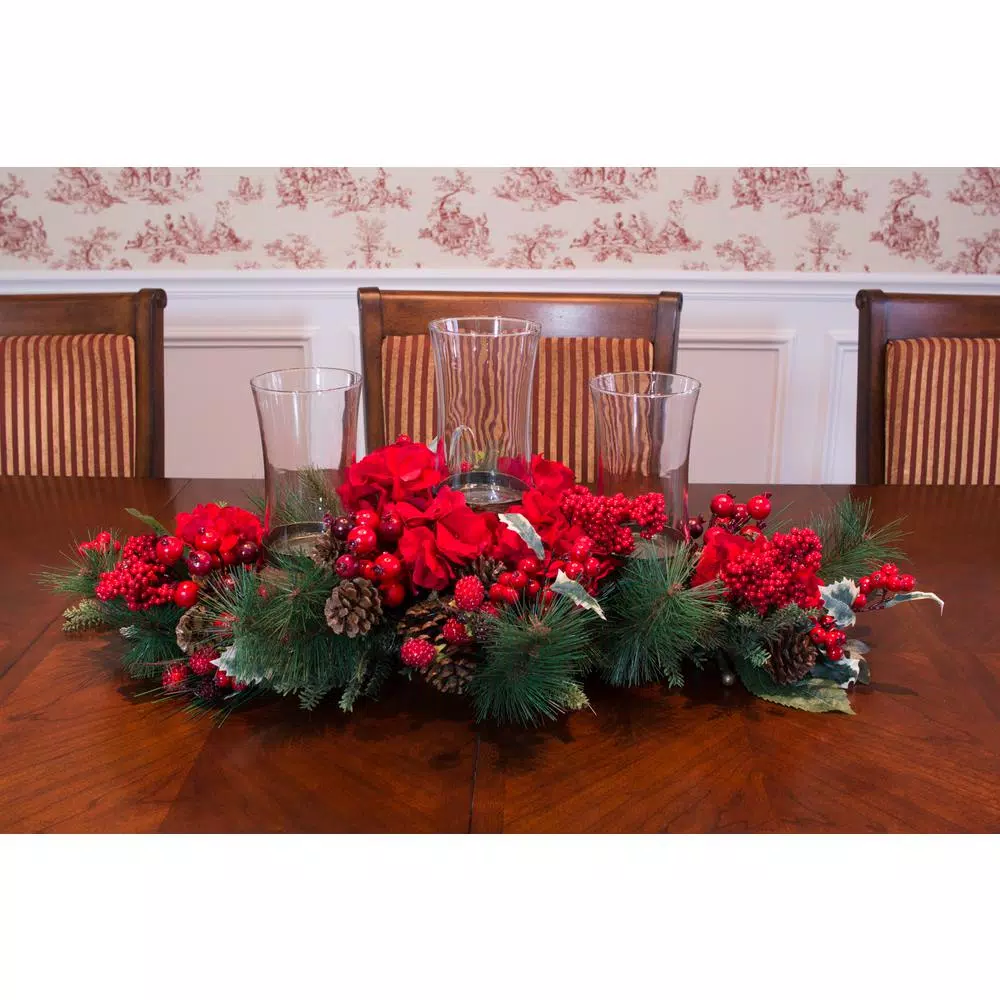 Nearly Natural 30 in. Holiday Hydrangea Candelabrum Centerpiece with 3 Glass Hurricane Holders