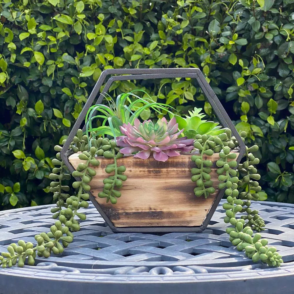 Flora Bunda 11 in. Hexagon Wood and Metal Faux Succulent Wall Planter Hanging Garden