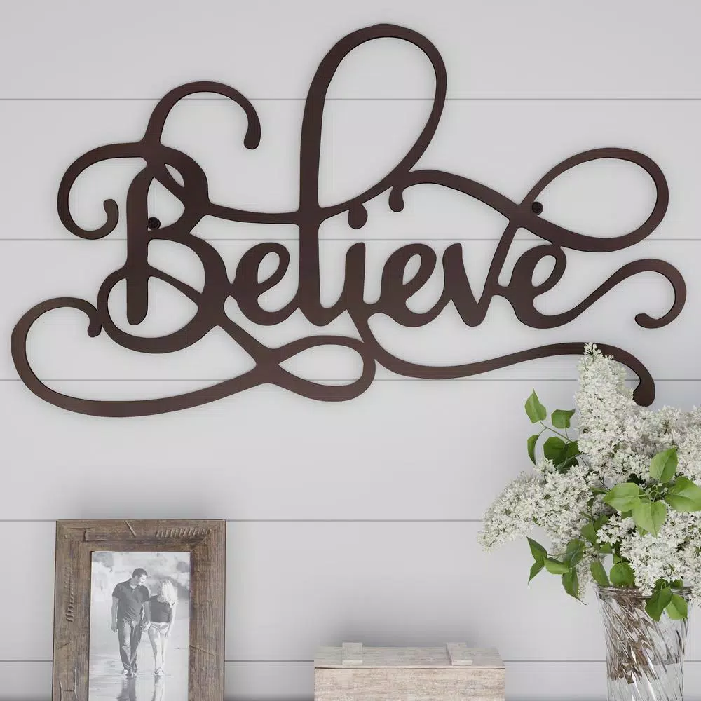 Lavish Home "Believe" Metal Cutout Wall Decor - Distressed Dark Brown Rustic Sign