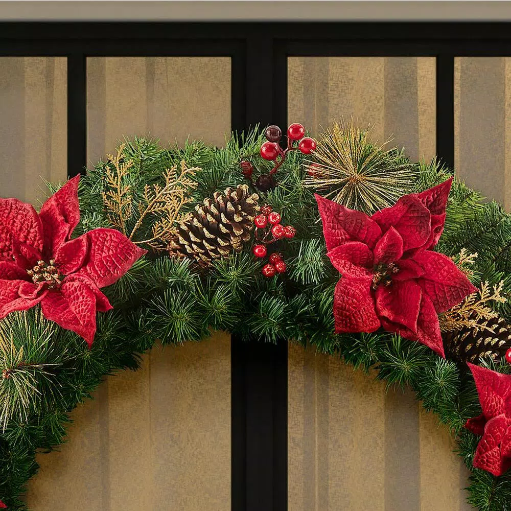 Home Accents Holiday Home Holiday Accents 48 in. Burgundy Poinsettia Mixed Pine Wreath with Berries and Gold Glitter Cedar