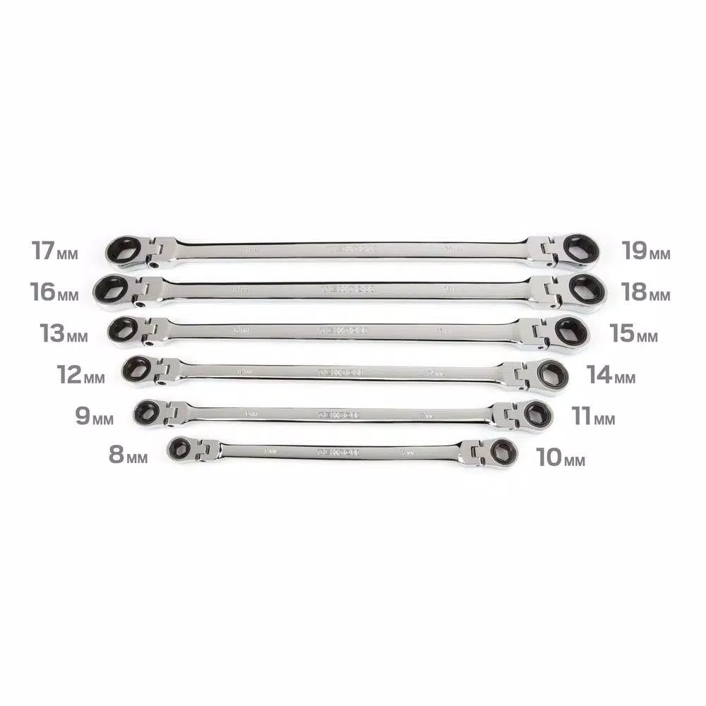 TEKTON 6-Piece Extra Long Flex-Head Ratcheting Box End Wrench Set, Metric 8-19 mm