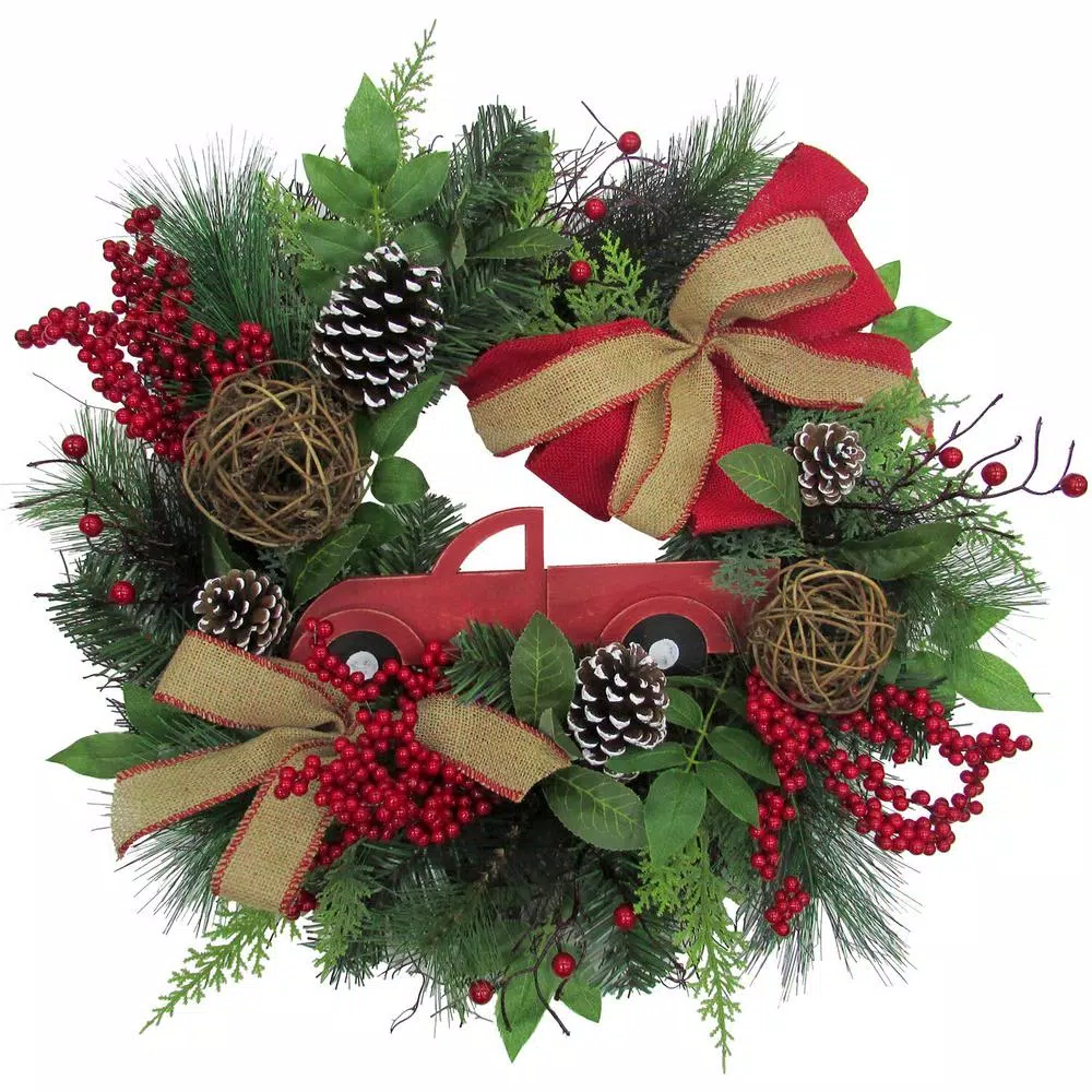 Fraser Hill Farm 24 in. Artificial Christmas Wreath with Pinecones, Burlap Bows and Wooden Truck