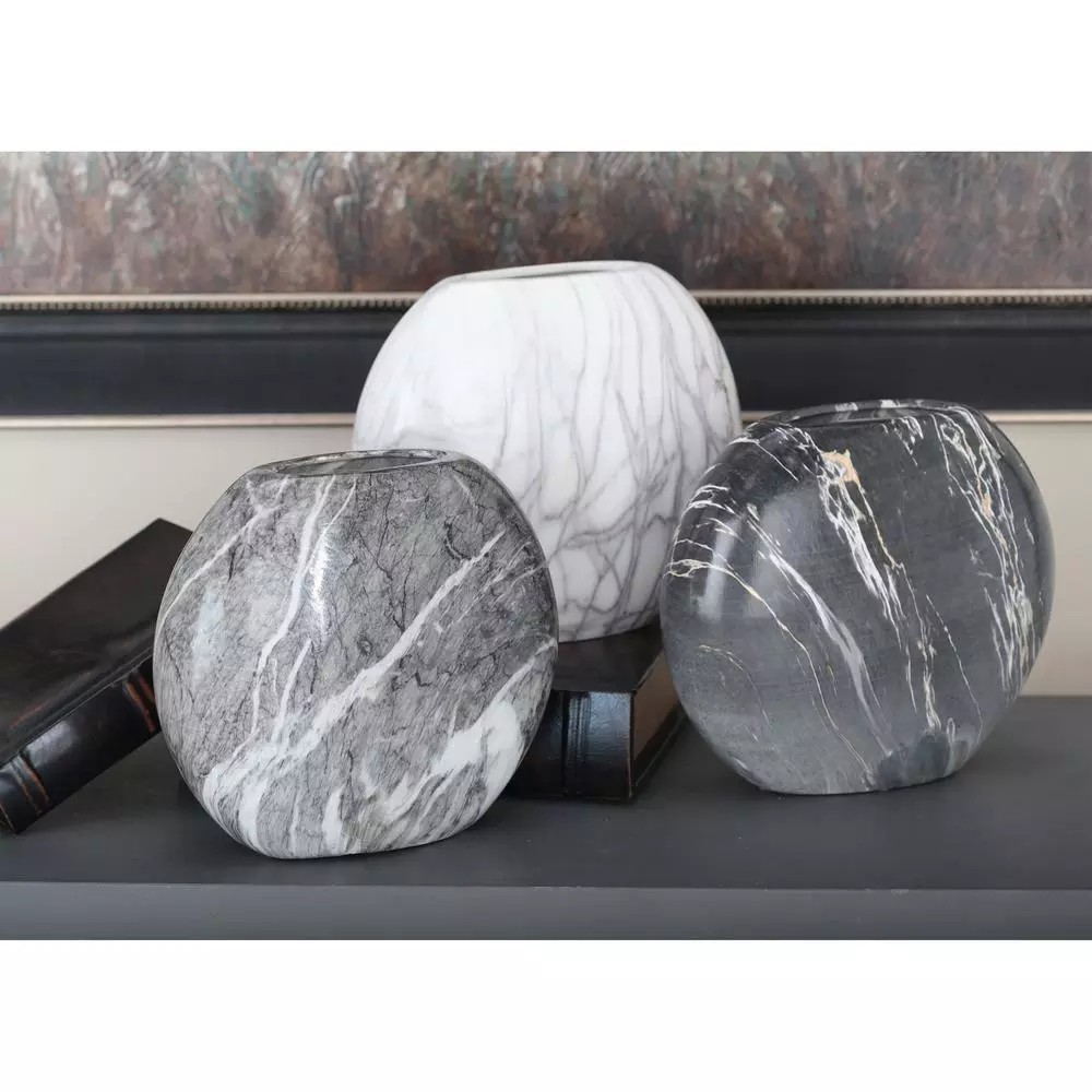 LITTON LANE 8 in. Gray Ceramic Decorative Marbled Vases, Set of 3