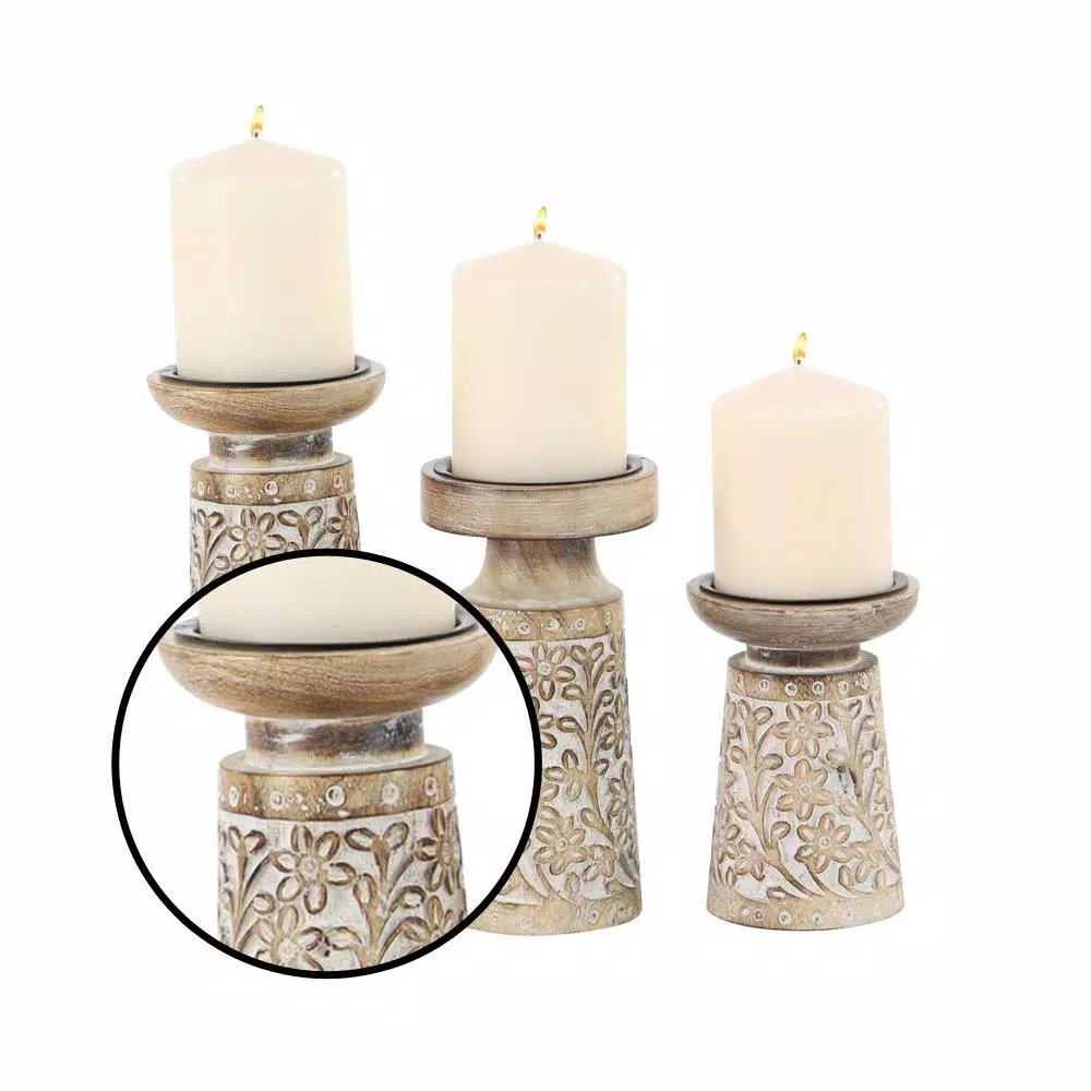LITTON LANE Rustic Mango Wood and Iron Candle Holder Set of 3 with Floral Carvings