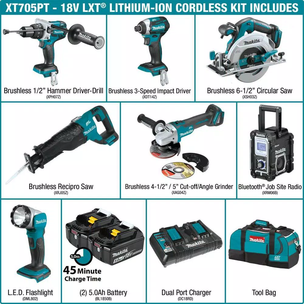 Makita 18V LXT Brushless 7-Piece Combo Kit with 5.0 Ah Batteries and Rapid Optimum Charger