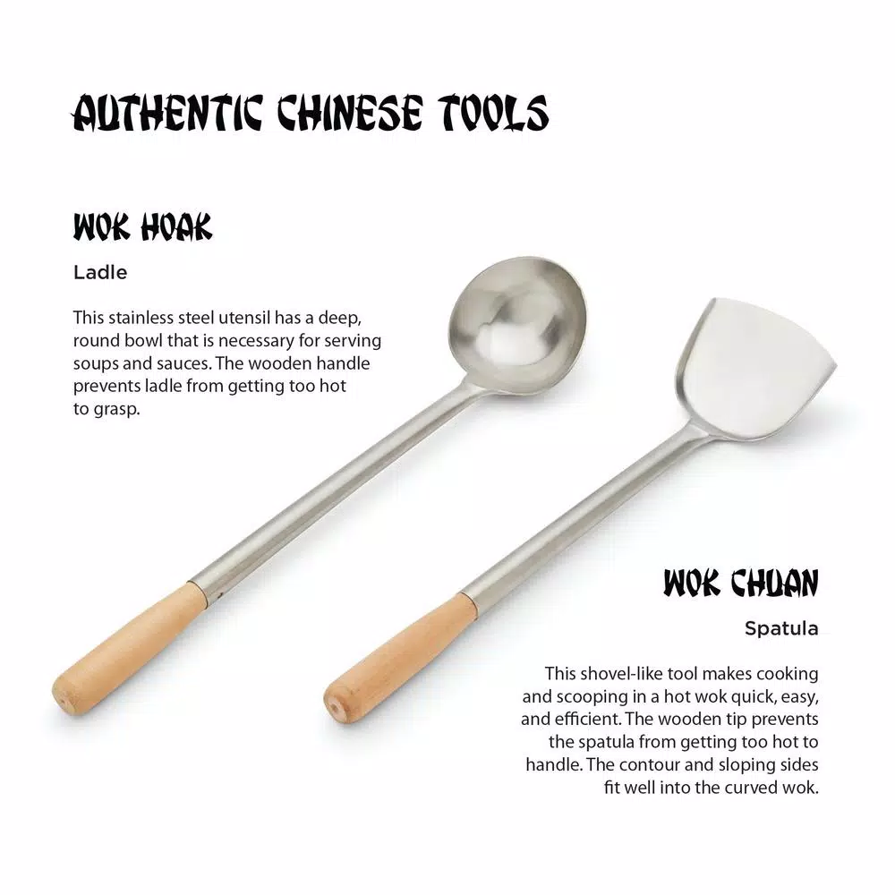 Fox Run Lotus Series 17 in. Chuan Spatula and Hoak Soup Ladle Set, Stainless Steel with Wood Handles