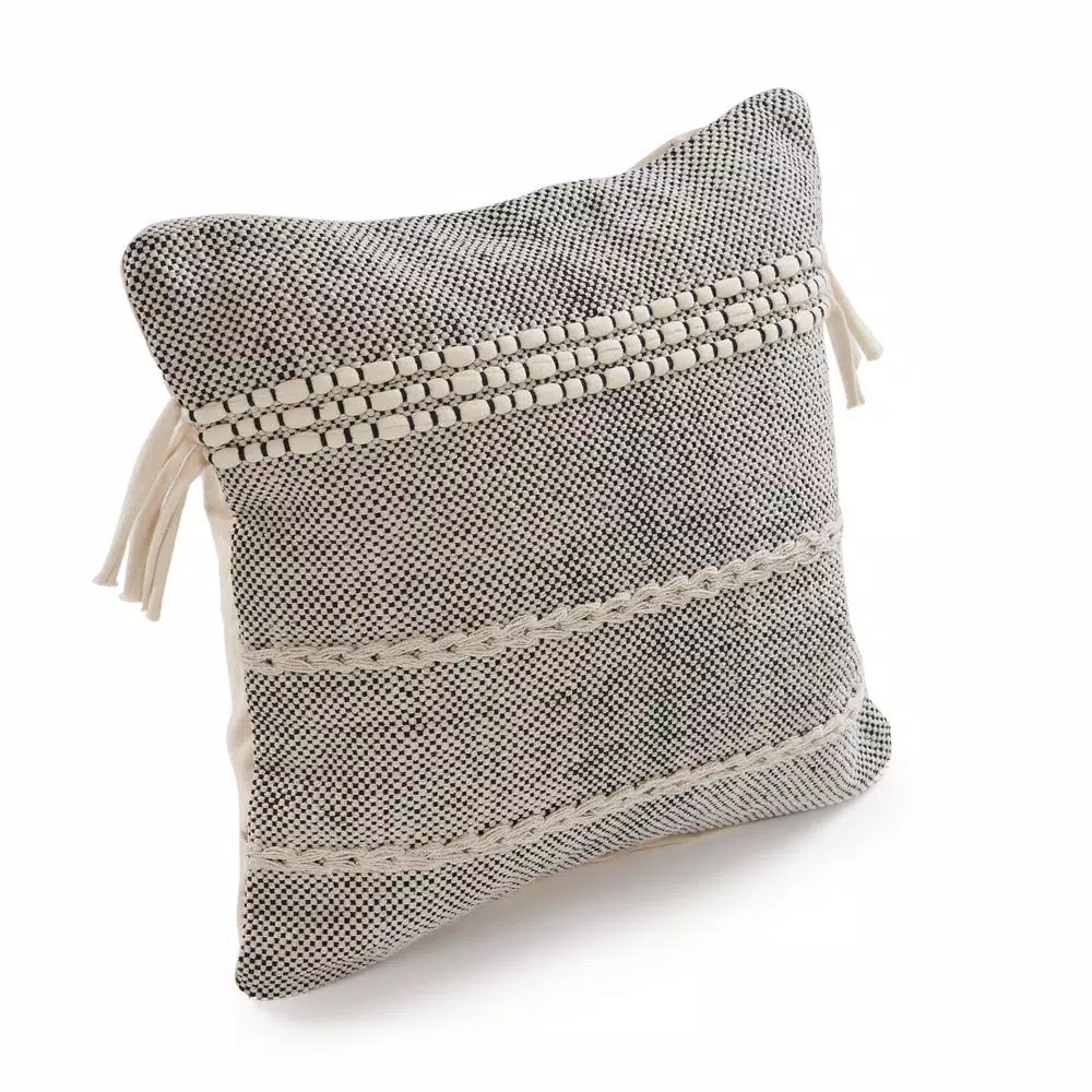 LR Resources Zanthia Black and Natural Striped Hypoallergenic 100% Cotton 20 in. x 20 in. Throw Pillow
